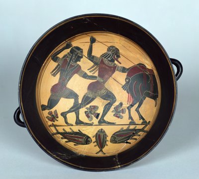 Interior of a cup depicting the hunt for the Boar of Calydon, Laconian by Greek